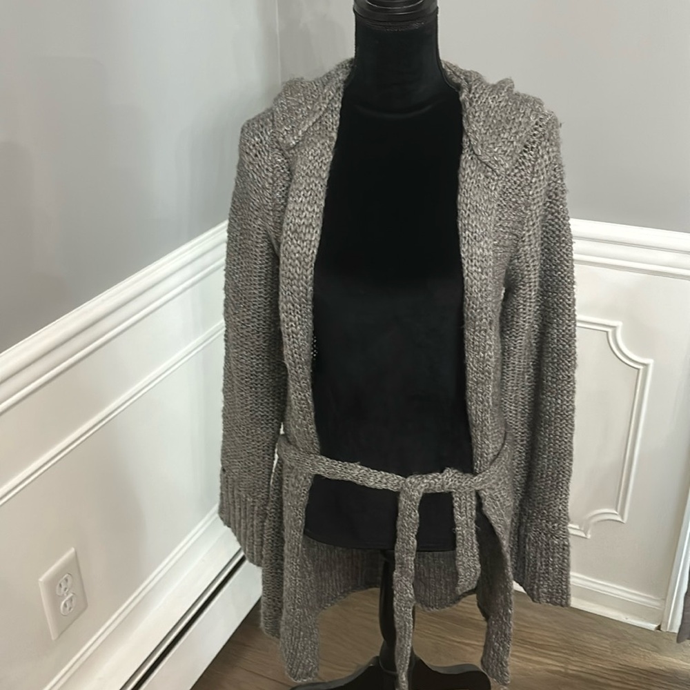 Abercrombie Grey Long Cardigan with hood and belt size M